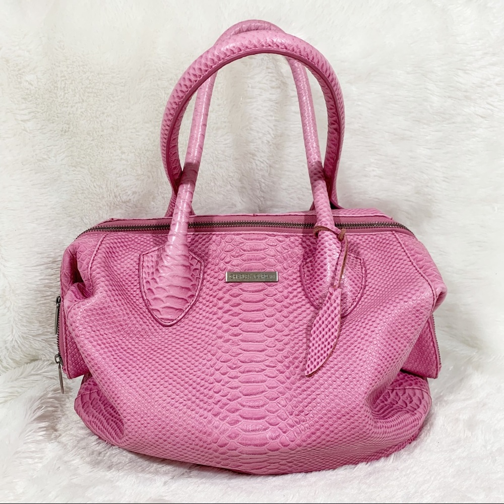 Charles Jourdan Croc Embossed Leather Satchel Bag in Bubblegum Pink